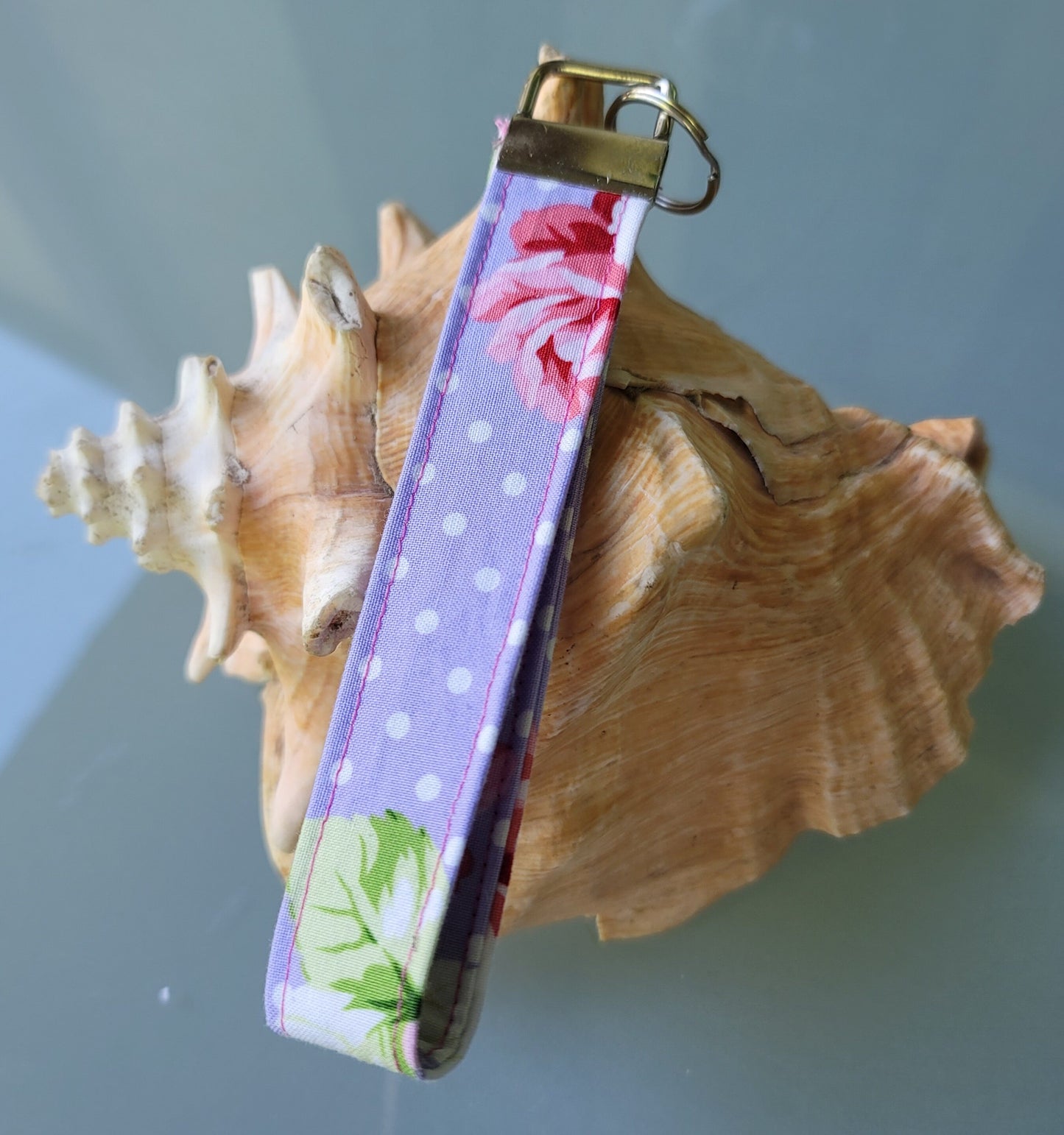 Purple and pink rose print wristlet keychain