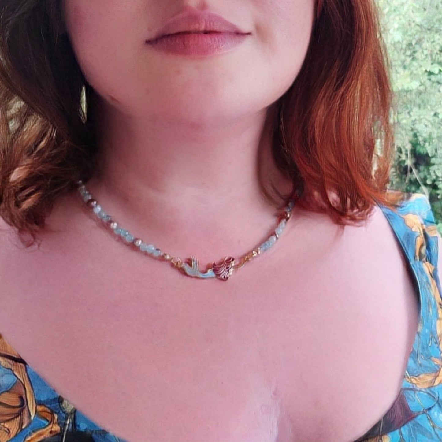 Mermaid enamel necklace with jade and freshwater pearls