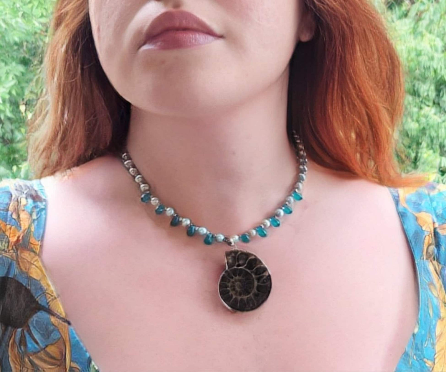 Ammonite pendant necklace with freshwater pearls and sea glass