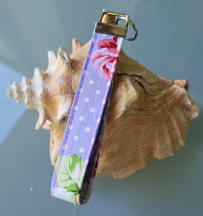 Purple and pink rose print wristlet keychain