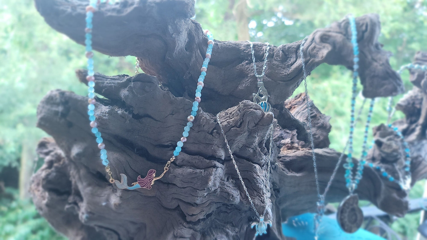 Mermaid enamel necklace with jade and freshwater pearls