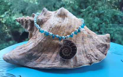 Ammonite pendant necklace with freshwater pearls and sea glass