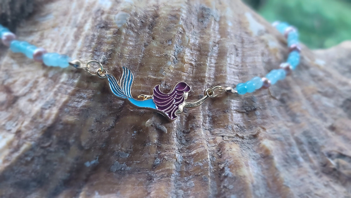 Mermaid enamel necklace with jade and freshwater pearls