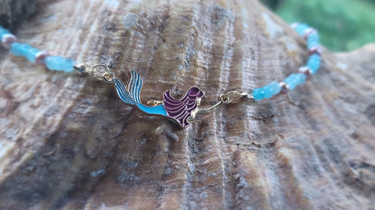 Mermaid enamel necklace with jade and freshwater pearls